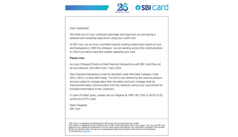 No Reward Points on Rental Payments from April 2024 on SBI credit cards.